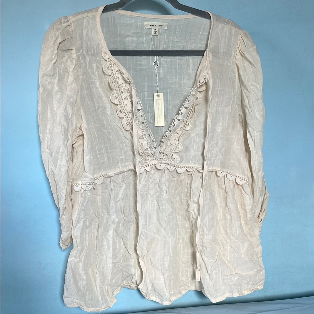 Max Studio Cream Lace-Trim Peasant Tunic